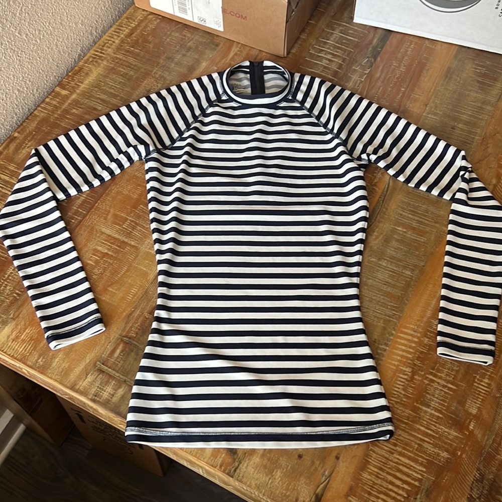 J Crew Beachwear Long Sleeve Top, back zipper, white and blue stripe, small